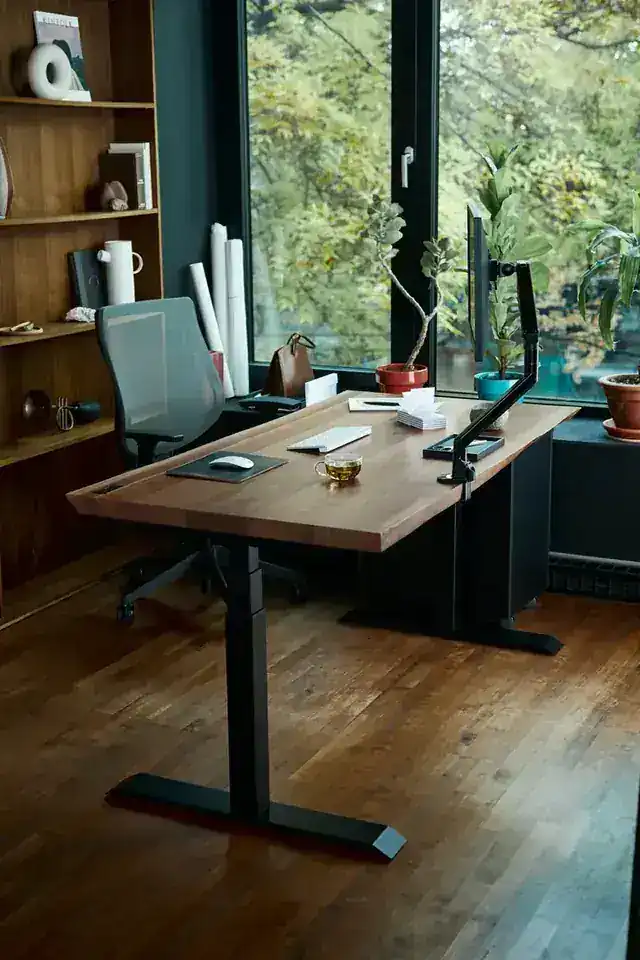 home office setup with monitor and natural light